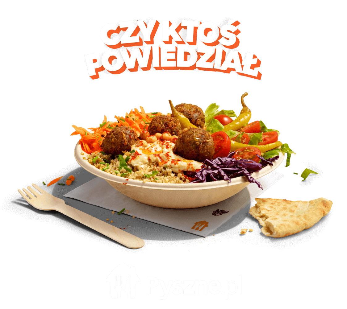 Grafika CZY KTOŚ POWIEDZIAŁ nad miską falafeli i warzyw umieszczoną na pomarańczowym tle z logo Pyszne.pl widniejącym poniżej